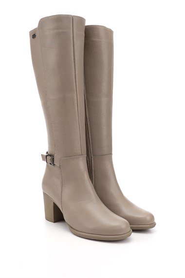 Womens Beige Zippered Thick Heel Genuine Leather Boots