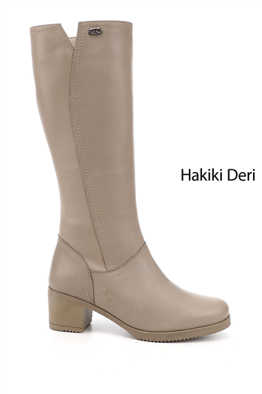Kadın Bej Fermuarlı Kalın Topuklu Hakiki Deri Çizme