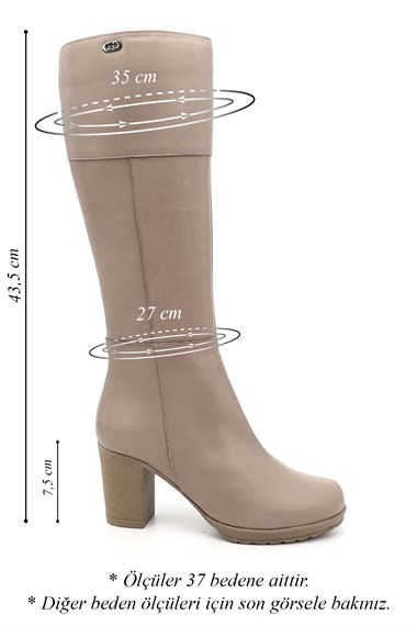 Womens Beige Zippered Thick Heel Genuine Leather Boots