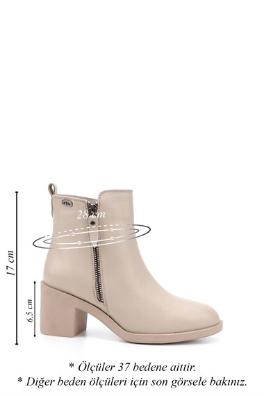 Womens Beige Zippered Thick Heeled Genuine Leather Boots