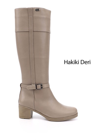 Kadın Bej Fermuarlı Kalın Topuklu Hakiki Deri Çizme