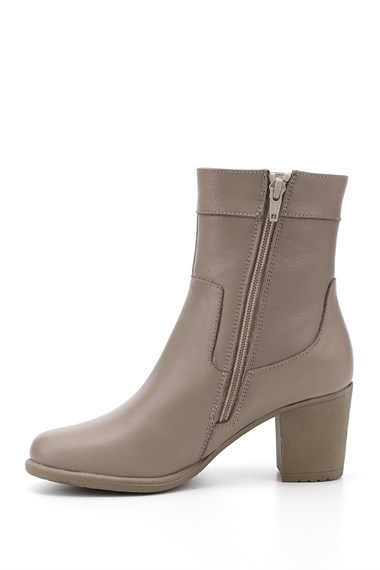Womens Beige Zippered Thick Heel Genuine Leather Boots