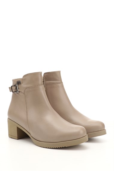 Womens Beige Zippered Thick Heel Genuine Leather Boots