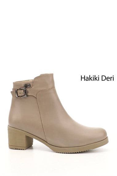 Womens Beige Zippered Thick Heel Genuine Leather Boots