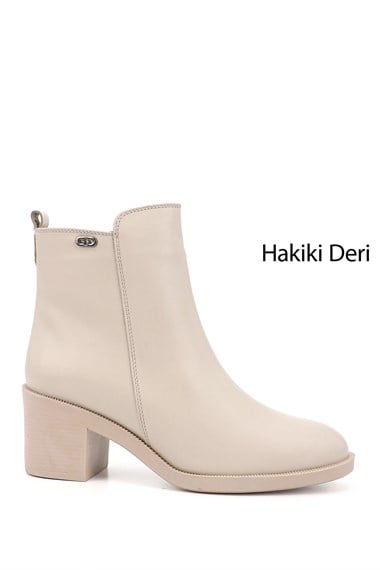 Kadın Bej Fermuarlı Kalın Topuklu Hakiki Deri Bot
