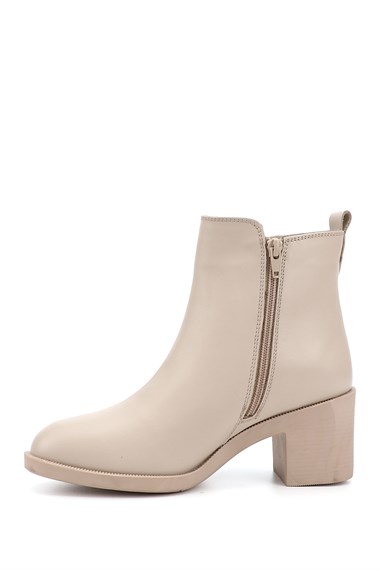 Womens Beige Zippered Thick Heeled Genuine Leather Boots