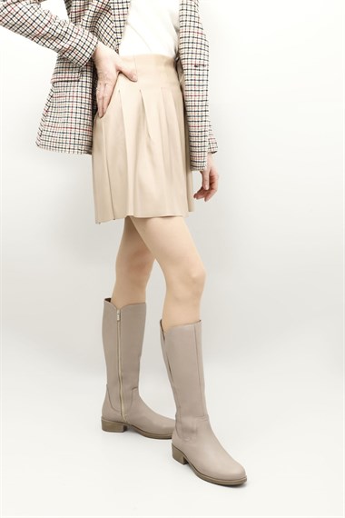Womens Beige Zippered Thick Heel Genuine Leather Boots