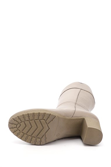 Womens Beige Zippered Thick Heel Genuine Leather Boots