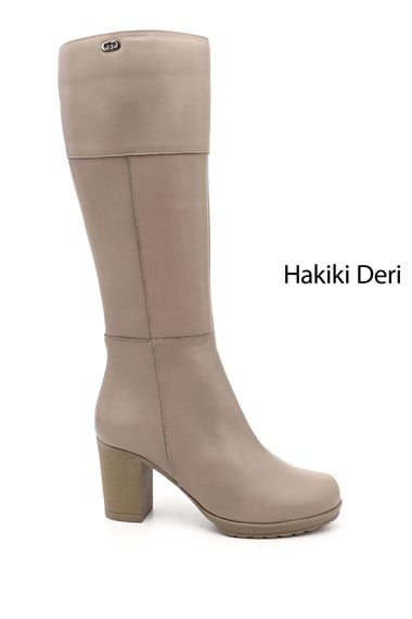 Kadın Bej Fermuarlı Kalın Topuklu Hakiki Deri Çizme