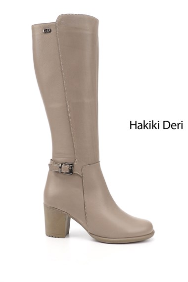 Kadın Bej Fermuarlı Kalın Topuklu Hakiki Deri Çizme
