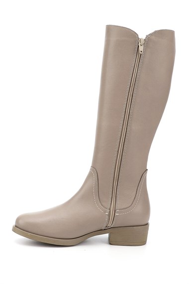 Womens Beige Zippered Thick Heel Genuine Leather Boots