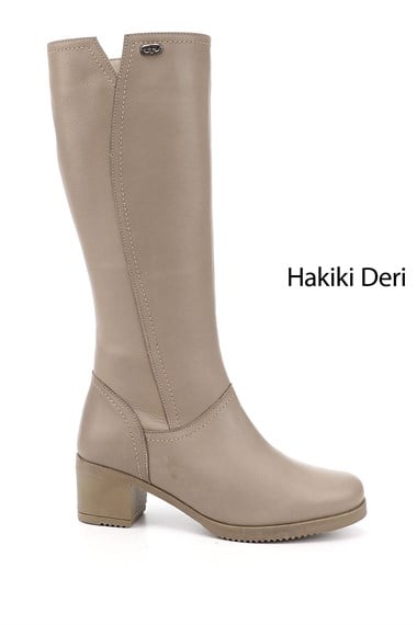 Kadın Bej Fermuarlı Kalın Topuklu Hakiki Deri Çizme
