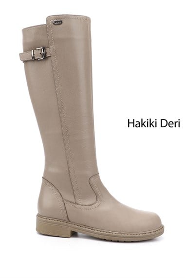 Womens Beige Zippered Rubber Sole Genuine Leather Boots