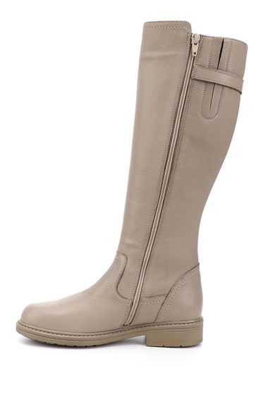 Womens Beige Zippered Rubber Sole Genuine Leather Boots