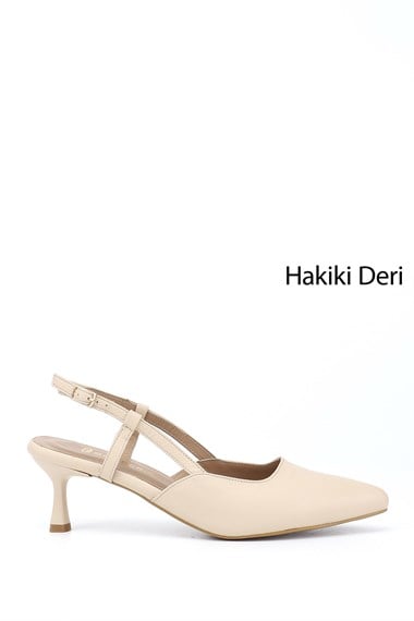 Kadın Bej İnce Topuklu Arkası Açık Hakiki Deri Ayakkabı
