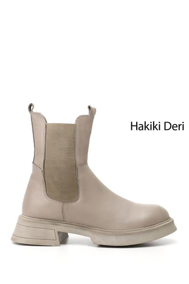 Kadın Bej Kalın Taban Hakiki Deri Chelsea Bot