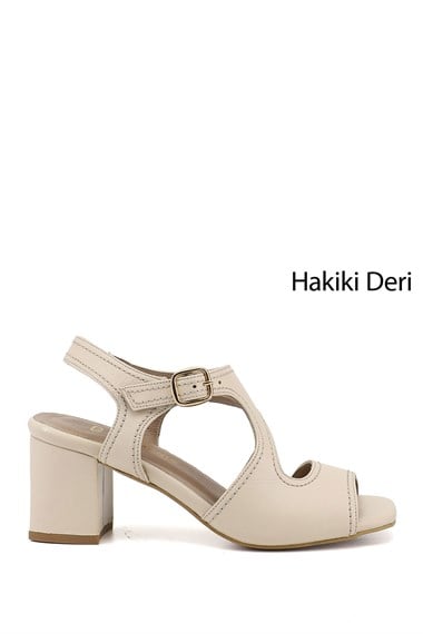 Kadın Bej Kalın Topuklu Arkası Açık Hakiki Deri Sandalet