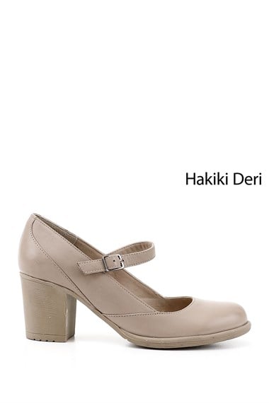 Kadın Bej Kalın Topuklu Mary Jane Hakiki Deri Ayakkabı