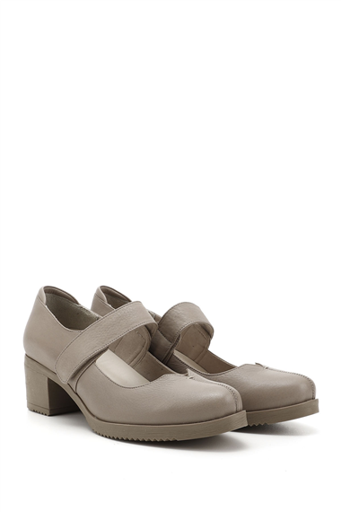 Womens Beige Thick Heel Mary Jane Genuine Leather Shoes