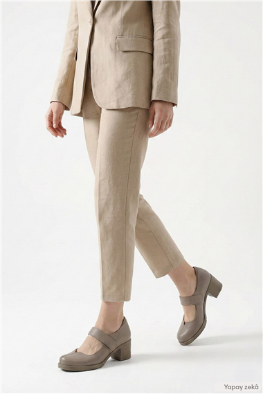 Womens Beige Thick Heel Mary Jane Genuine Leather Shoes