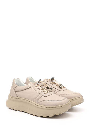 Kadın Bej Lastik Bağcıklı Comfort Dolgu Taban Hakiki Deri Sneaker