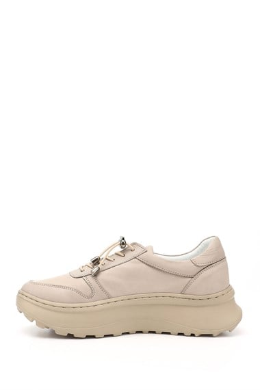 Kadın Bej Lastik Bağcıklı Comfort Dolgu Taban Hakiki Deri Sneaker