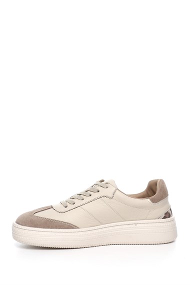 Kadın Bej Lastik Bağcıklı Dolgu Taban Hakiki Deri Sneaker