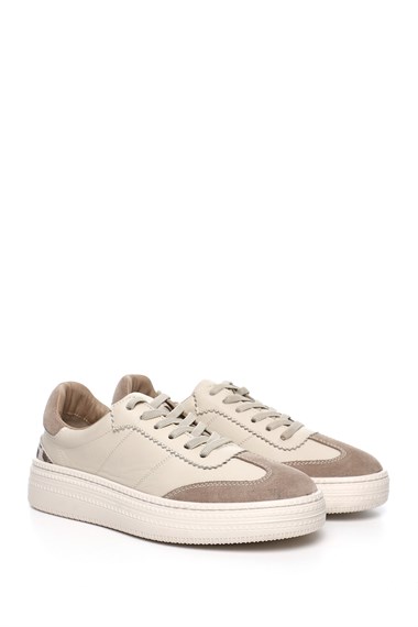 Kadın Bej Lastik Bağcıklı Dolgu Taban Hakiki Deri Sneaker