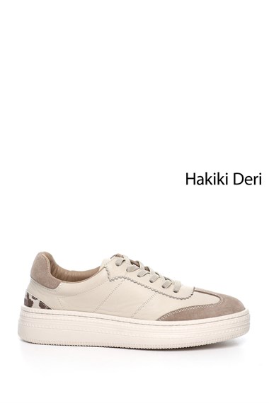Kadın Bej Lastik Bağcıklı Dolgu Taban Hakiki Deri Sneaker