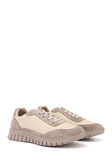 Kadın Bej Lastik Bağcıklı Hakiki Deri Sneaker