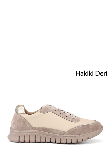 Kadın Bej Lastik Bağcıklı Hakiki Deri Sneaker