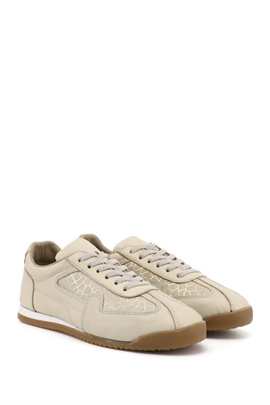 Womens Beige Elastic Lace-up Genuine Leather Sneaker