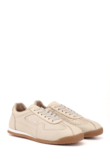 Kadın Bej Lastik Bağcıklı Hakiki Deri Sneaker