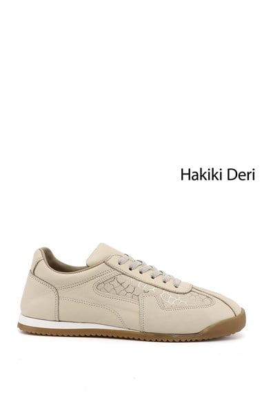 Womens Beige Elastic Lace-up Genuine Leather Sneaker