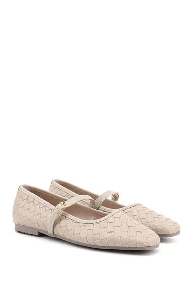 Womens Beige Mary Jane Ballet Flats