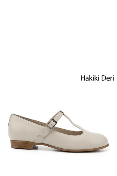 Kadın Bej Mary Jane Hakiki Deri Babet