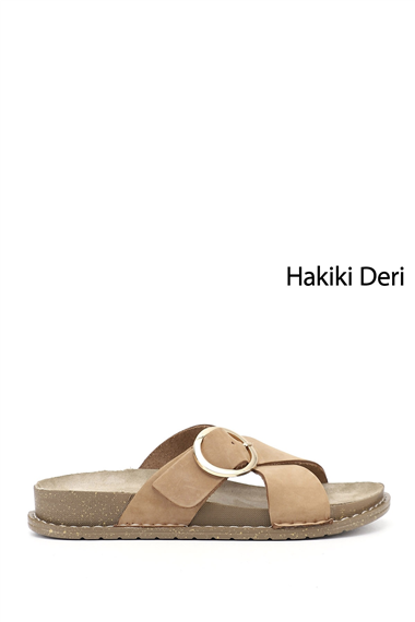 Kadın Bej Nubuk Çapraz Bantlı Hakiki Deri Terlik