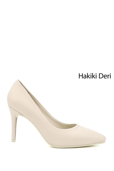 Womens Beige Pointed Toe Thin Heel Genuine Leather Stiletto