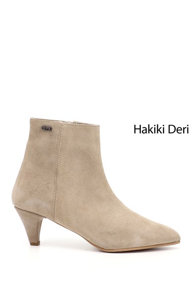 Kadın Bej Süet Fermuarlı Sivri Burun Hakiki Deri Bot