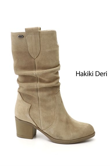 Kadın Bej Süet Kalın Topuklu Körüklü Hakiki Deri Çizme