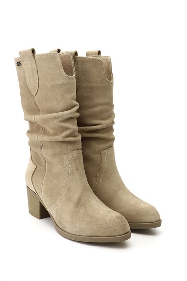 Womens Beige Suede Chunky Heel Bellows Genuine Leather Boots
