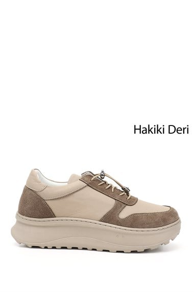 Kadın Bej Süet Lastik Bağcıklı Comfort Dolgu Taban Hakiki Deri Sneaker