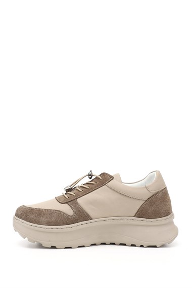 Kadın Bej Süet Lastik Bağcıklı Comfort Dolgu Taban Hakiki Deri Sneaker