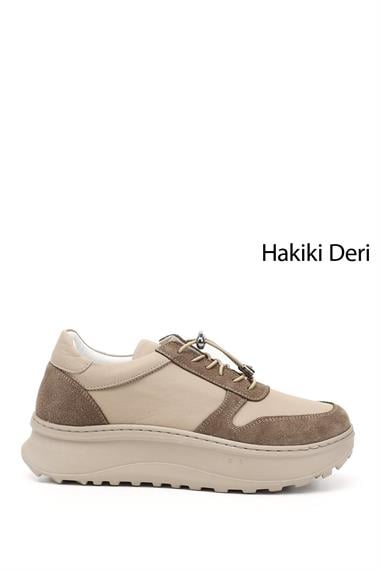 Kadın Bej Süet Lastik Bağcıklı Comfort Dolgu Taban Hakiki Deri Sneaker