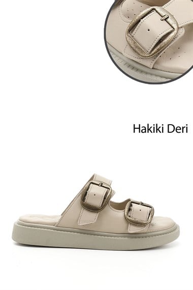 Kadın Bej Tokalı Dolgu Taban Hakiki Deri Comfort Terlik