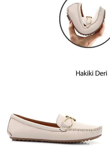 Kadın Bej Tokalı Rok Hakiki Deri Comfort Loafer