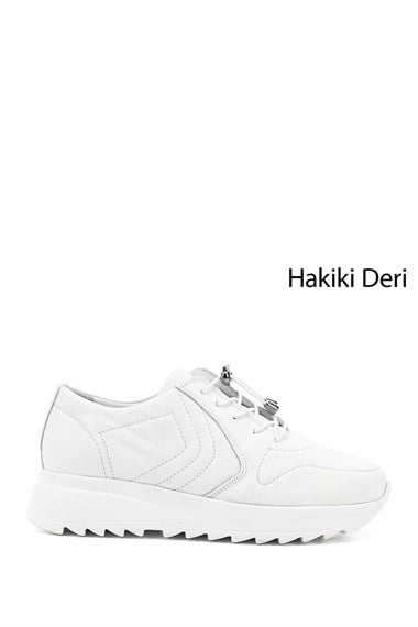 Kadın Beyaz Antik Bağcıklı Dolgu Taban Hakiki Deri Sneaker