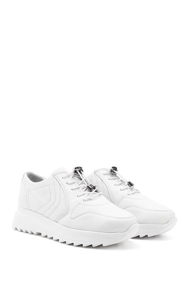 Kadın Beyaz Antik Bağcıklı Dolgu Taban Hakiki Deri Sneaker