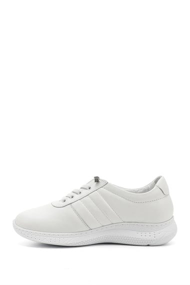 Kadın Beyaz Bağcıklı Dolgu Taban Hakiki Deri Sneaker