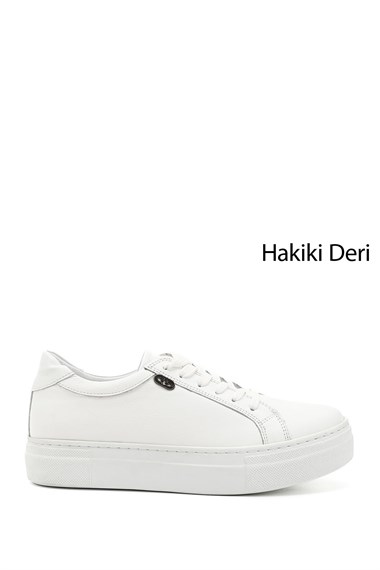 Womens White Lace-Up Wedge Sole Genuine Leather Sneakers